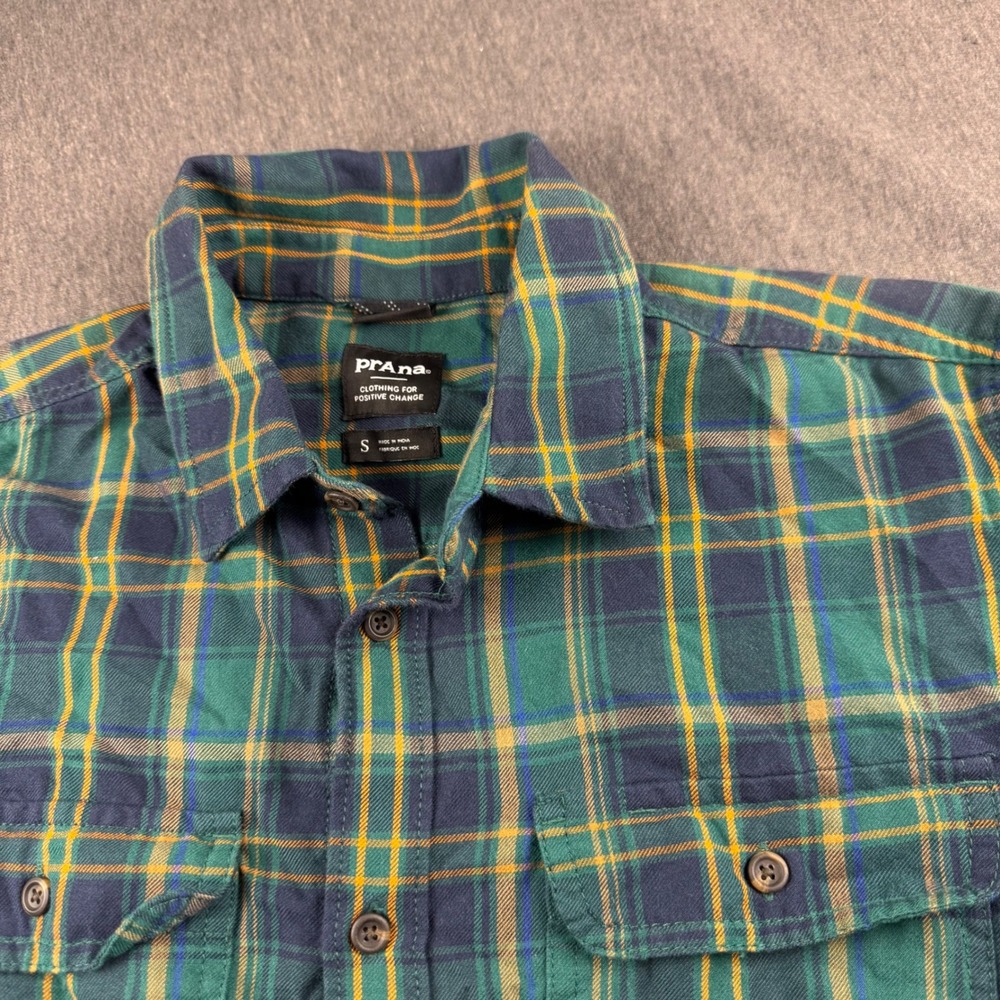 Prana Mens Small Green Navy Yellow Plaid Organic Cotton Flannel Button Down SZ S